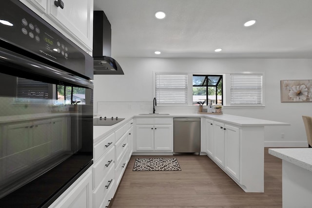 6928 Glen Hills Rd, Richland Hills, TX 76118 - kitchen with black appliances, a sink, extractor fan, recessed lighting, and white cabinets