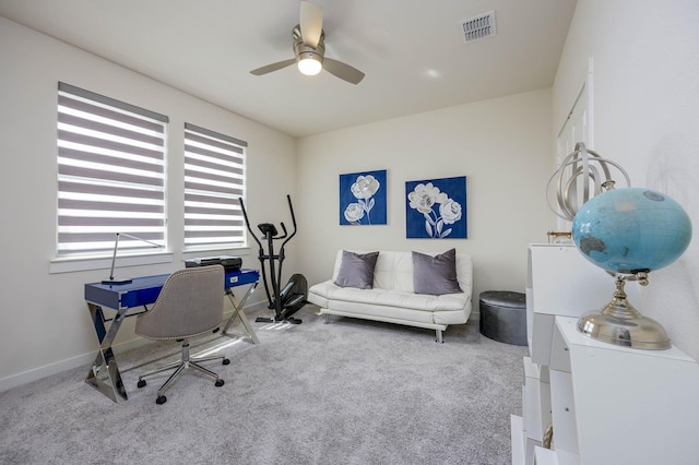 2734 Levee Ln, Lewisville, TX 75067 - office area featuring a ceiling fan, carpet, and baseboards