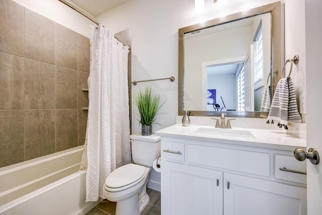 2734 Levee Ln, Lewisville, TX 75067 - full bath with vanity, toilet, shower / bath combo with shower curtain, and tile patterned flooring