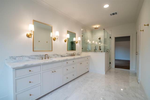 9621 Larchcrest Dr, Dallas, TX 75238 - full bathroom featuring double vanity, a shower stall, crown molding, marble finish floors, and baseboards