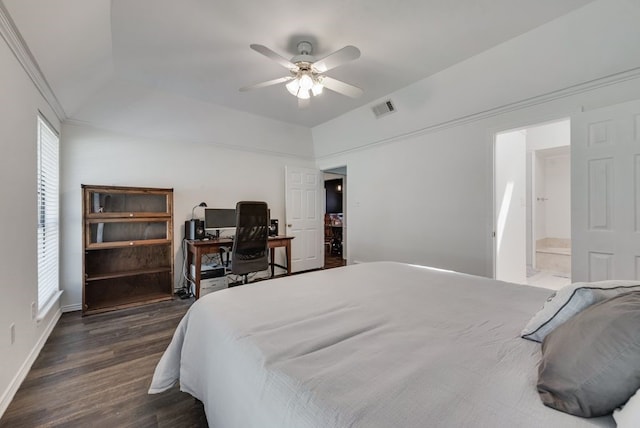 7020 Live Oak Dr, North Richland Hills, TX 76182 - bedroom featuring dark wood-style floors, baseboards, an office area, ceiling fan, and ensuite bathroom