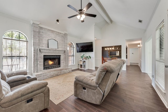 7020 Live Oak Dr, North Richland Hills, TX 76182 - living area with a brick fireplace, ceiling fan, beamed ceiling, dark wood-style floors, and high vaulted ceiling