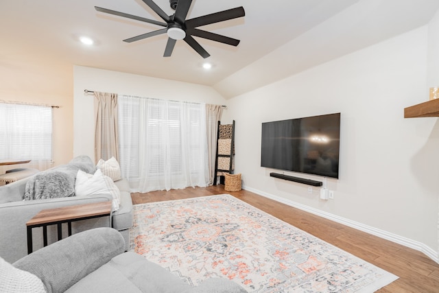 1519 Fairweather Way, Forney, TX 75126 - living room with ceiling fan, baseboards, wood finished floors, lofted ceiling, and recessed lighting