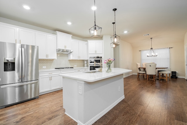 1519 Fairweather Way, Forney, TX 75126 - kitchen with appliances with stainless steel finishes, under cabinet range hood, tasteful backsplash, light countertops, and light wood-style floors