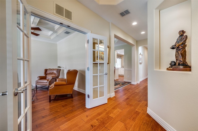 382 Burnswick Isles Way, Frisco, TX 75036 - hallway featuring crown molding, french doors, light wood-type flooring, recessed lighting, and baseboards
