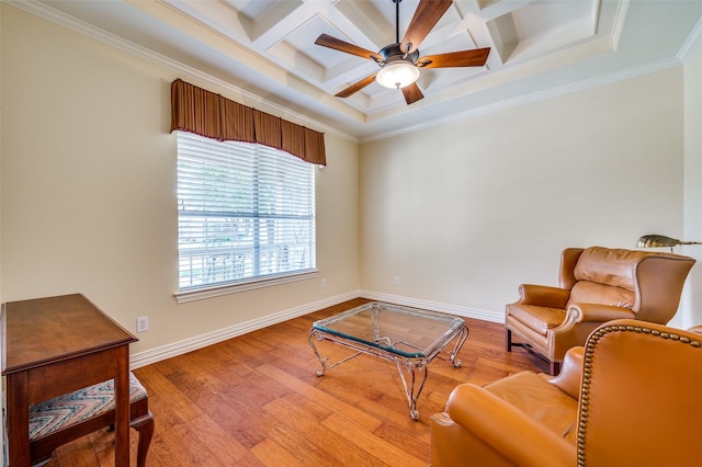 382 Burnswick Isles Way, Frisco, TX 75036 - sitting room with coffered ceiling, a ceiling fan, light wood-type flooring, baseboards, and beam ceiling