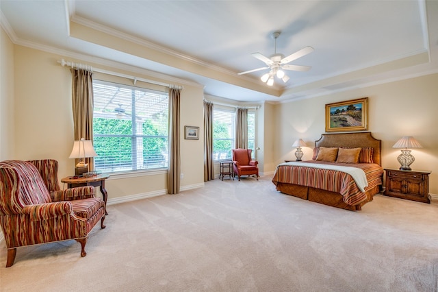 382 Burnswick Isles Way, Frisco, TX 75036 - bedroom with a raised ceiling, ornamental molding, light colored carpet, baseboards, and ceiling fan