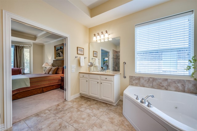 382 Burnswick Isles Way, Frisco, TX 75036 - full bath with ensuite bathroom, vanity, a tub with jets, ornamental molding, and tile patterned floors