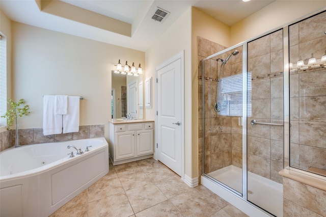 382 Burnswick Isles Way, Frisco, TX 75036 - bathroom with a whirlpool tub, vanity, a stall shower, and tile patterned flooring