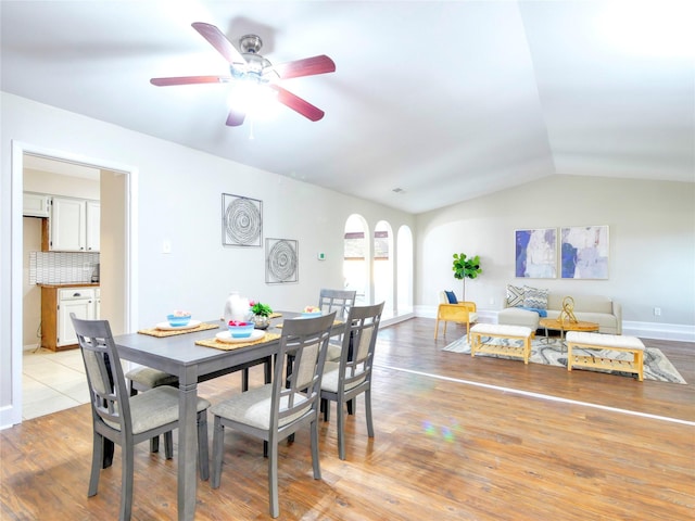 3609 Marwick Dr, Plano, TX 75075 - dining area featuring lofted ceiling, ceiling fan, light wood-type flooring, and baseboards