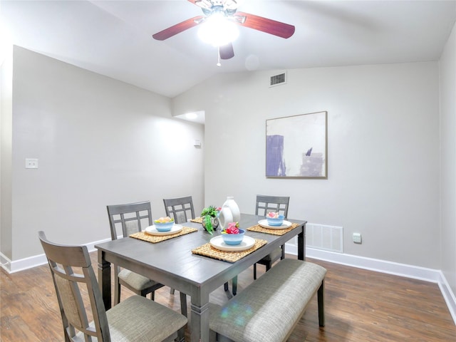 3609 Marwick Dr, Plano, TX 75075 - dining room featuring baseboards, wood finished floors, ceiling fan, and lofted ceiling