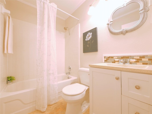 3609 Marwick Dr, Plano, TX 75075 - full bath featuring shower / tub combo with curtain, toilet, vanity, backsplash, and ornamental molding