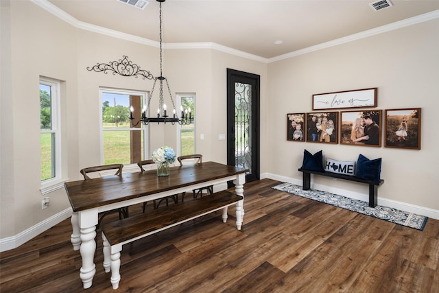 9390 Lakeridge Dr, Princeton, TX 75407 - dining room featuring a chandelier, baseboards, dark wood-type flooring, and ornamental molding