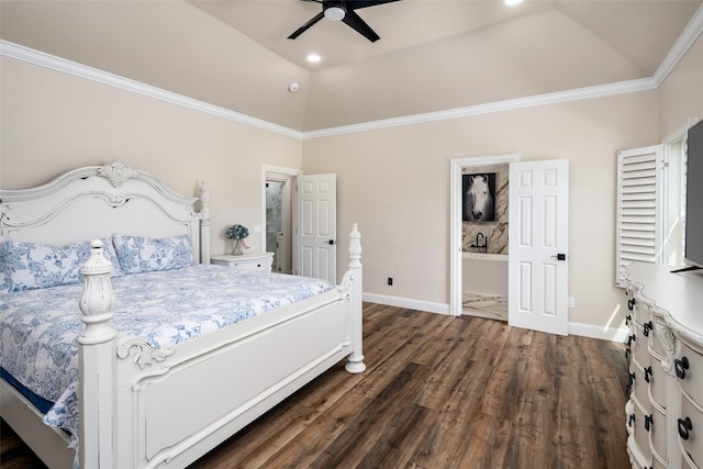 9390 Lakeridge Dr, Princeton, TX 75407 - bedroom featuring baseboards, dark wood-type flooring, ensuite bath, ornamental molding, and high vaulted ceiling