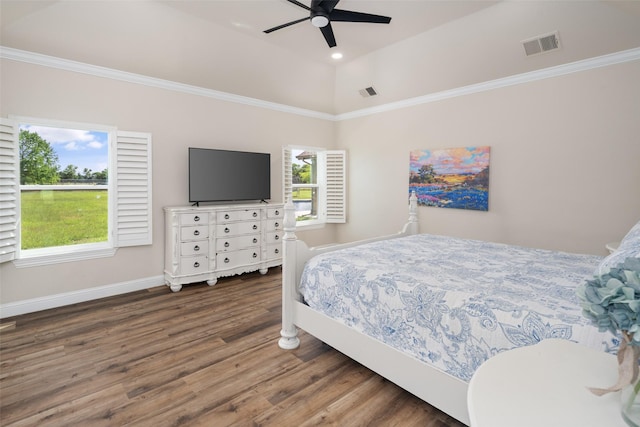 9390 Lakeridge Dr, Princeton, TX 75407 - bedroom featuring wood finished floors, baseboards, ornamental molding, ceiling fan, and vaulted ceiling