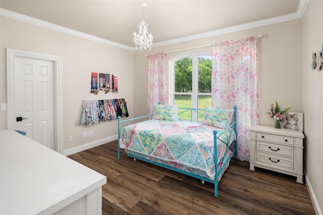 9390 Lakeridge Dr, Princeton, TX 75407 - bedroom featuring a chandelier, ornamental molding, dark wood-style flooring, and baseboards