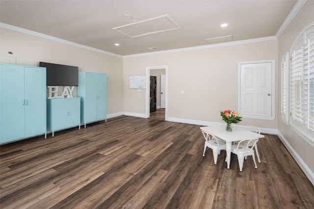 9390 Lakeridge Dr, Princeton, TX 75407 - unfurnished dining area with attic access, crown molding, dark wood finished floors, baseboards, and recessed lighting
