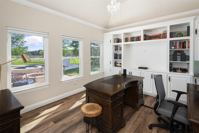 9390 Lakeridge Dr, Princeton, TX 75407 - office area featuring dark wood finished floors, a chandelier, baseboards, ornamental molding, and lofted ceiling