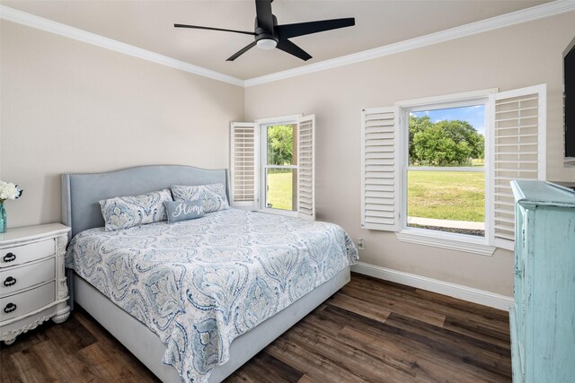 9390 Lakeridge Dr, Princeton, TX 75407 - bedroom with dark wood-type flooring, crown molding, baseboards, and ceiling fan