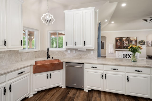 9390 Lakeridge Dr, Princeton, TX 75407 - kitchen with dishwasher, a sink, tasteful backsplash, white cabinetry, and ornamental molding