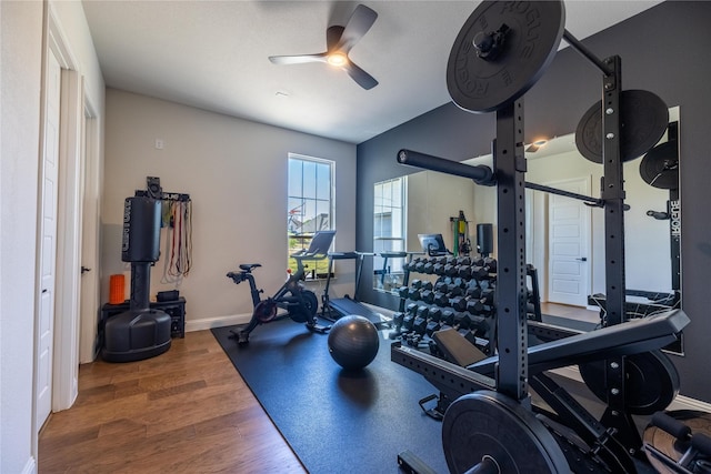 2402 Cornerstone Dr, Mansfield, TX 76063 - exercise area with wood finished floors, baseboards, and ceiling fan