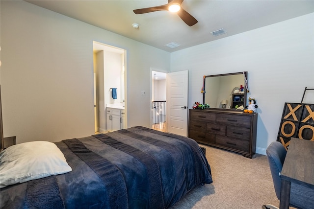 2402 Cornerstone Dr, Mansfield, TX 76063 - bedroom featuring light carpet, a ceiling fan, and ensuite bath