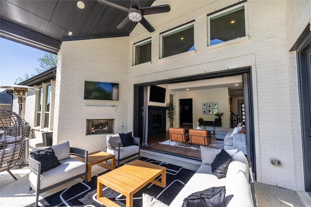 2402 Cornerstone Dr, Mansfield, TX 76063 - view of patio with an outdoor living space with a fireplace and ceiling fan