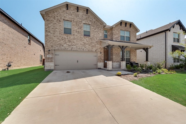 14024 Callisto Way, Haslet, TX 76052 - view of front of property with brick siding, a porch, a front lawn, concrete driveway, and an attached garage