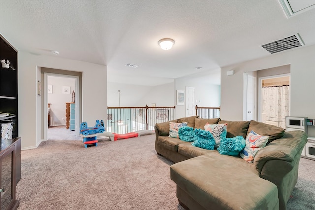 14024 Callisto Way, Haslet, TX 76052 - living room with carpet, a textured ceiling, and attic access