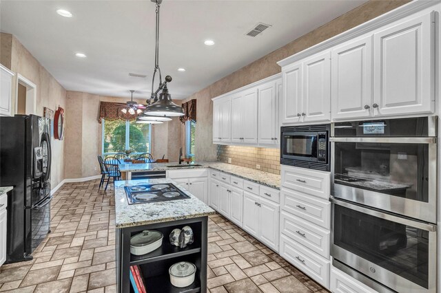 15741 Big Horn Trl, Frisco, TX 75035 - kitchen featuring black appliances, open shelves, a sink, brick patterned floors, and white cabinets