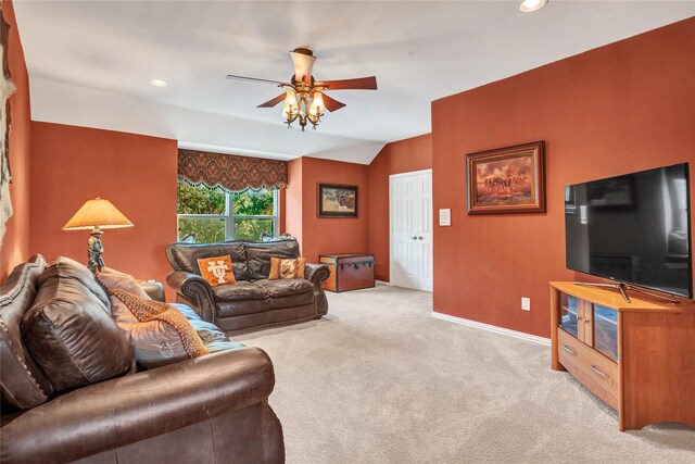 15741 Big Horn Trl, Frisco, TX 75035 - living room featuring light colored carpet, ceiling fan, baseboards, recessed lighting, and vaulted ceiling
