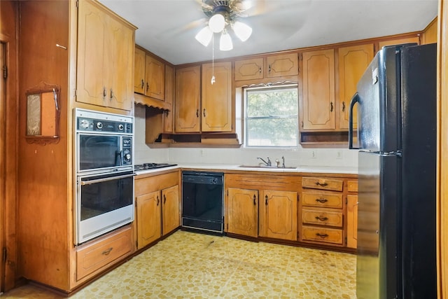 520 Circleview Dr S, Hurst, TX 76054 - kitchen featuring black appliances, a sink, light countertops, a ceiling fan, and brown cabinetry