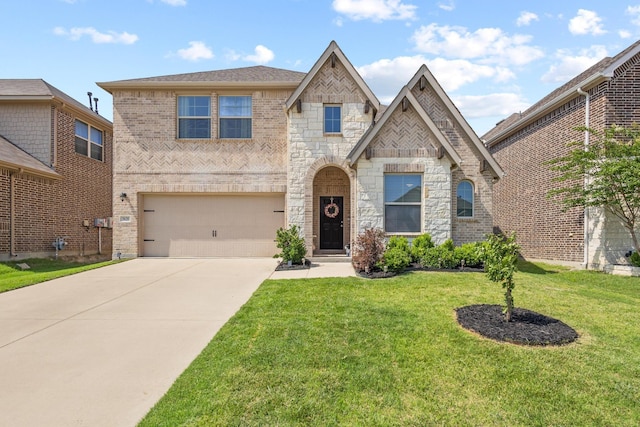 3620 Brahman Ct, Mckinney, TX 75071 - french country style house featuring an attached garage, a front lawn, concrete driveway, and stone siding