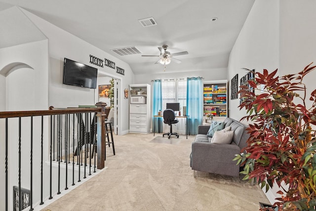 3620 Brahman Ct, Mckinney, TX 75071 - living room with an office area, carpet, ceiling fan, and baseboards