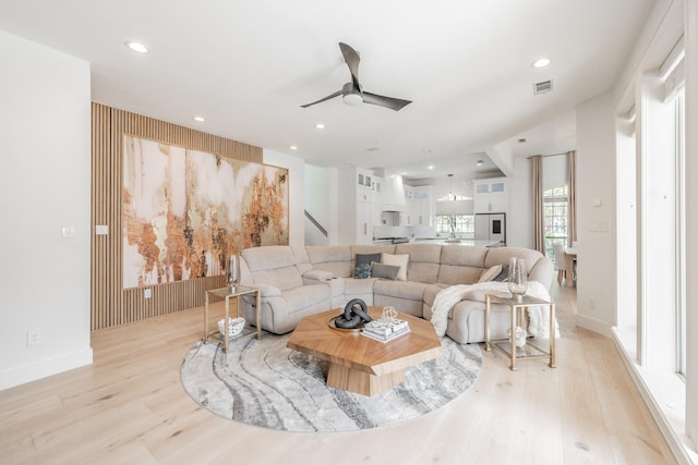 1495 Bent Trail Cir, Southlake, TX 76092 - living room featuring ceiling fan, light wood-style floors, recessed lighting, and baseboards