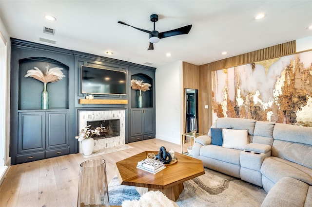 1495 Bent Trail Cir, Southlake, TX 76092 - living room with ceiling fan, light wood finished floors, recessed lighting, a fireplace with flush hearth, and baseboards