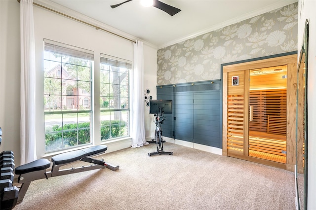 1495 Bent Trail Cir, Southlake, TX 76092 - exercise room featuring wallpapered walls, a ceiling fan, crown molding, carpet floors, and healthy amount of natural light