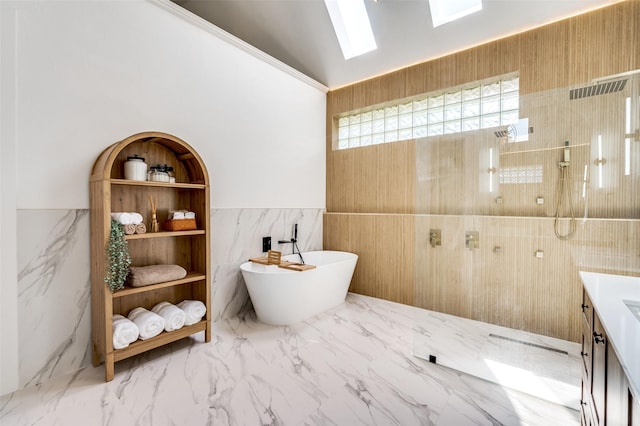 1495 Bent Trail Cir, Southlake, TX 76092 - bathroom featuring tile walls, a freestanding bath, a skylight, a shower, and vanity