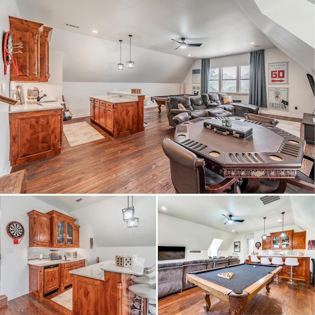 1495 Bent Trail Cir, Southlake, TX 76092 - rec room with a ceiling fan, billiards, lofted ceiling, hardwood / wood-style flooring, and a sink