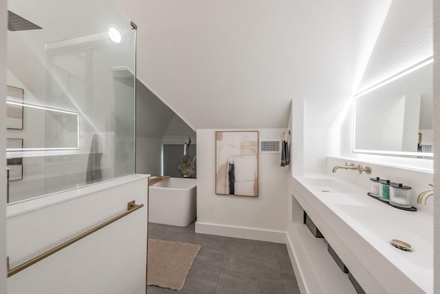 1495 Bent Trail Cir, Southlake, TX 76092 - bathroom featuring double vanity, a freestanding tub, lofted ceiling, walk in shower, and baseboards