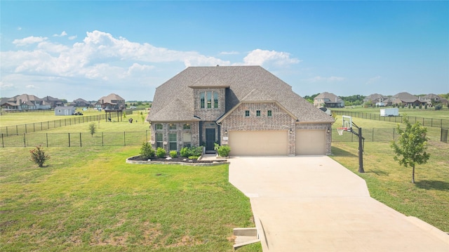 703 The Trails Dr, Blue Ridge, TX 75424 - french provincial home featuring concrete driveway, brick siding, an attached garage, a shingled roof, and a residential view