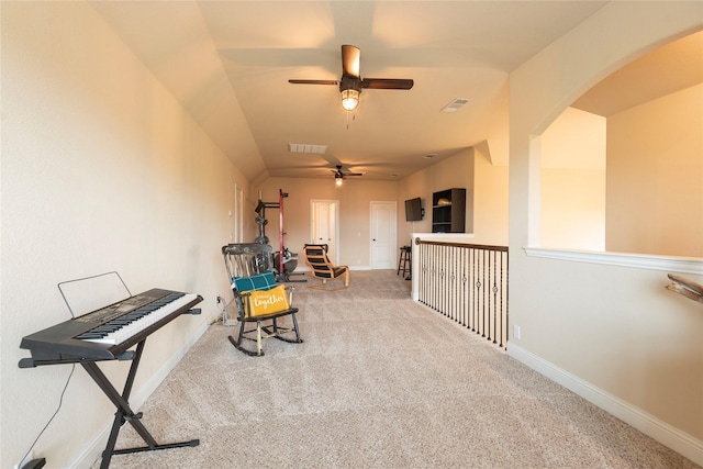 703 The Trails Dr, Blue Ridge, TX 75424 - sitting room with ceiling fan, arched walkways, carpet floors, and baseboards