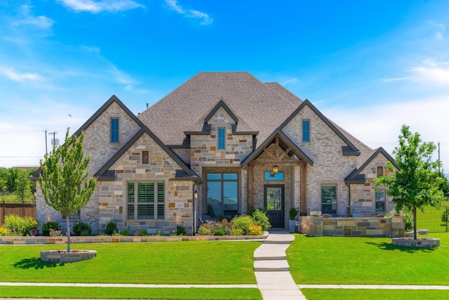 2121 Glenbrook St, Haslet, TX 76052 - french country style house with stone siding, a front lawn, brick siding, and a shingled roof