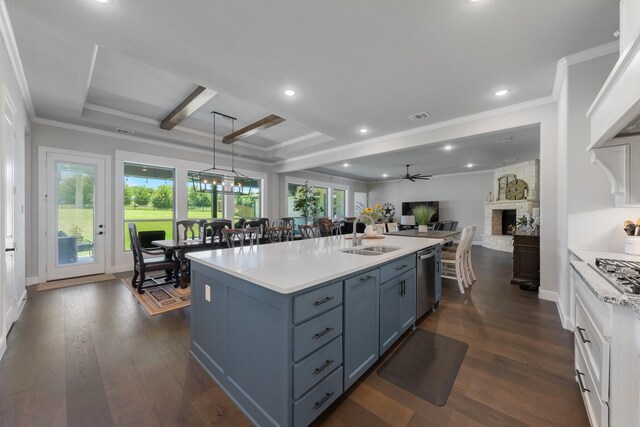 2121 Glenbrook St, Haslet, TX 76052 - kitchen with open floor plan, light countertops, appliances with stainless steel finishes, a sink, and a large fireplace