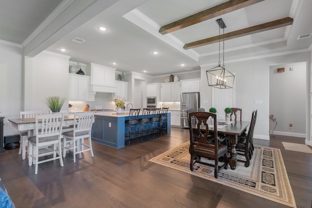 2121 Glenbrook St, Haslet, TX 76052 - dining space featuring crown molding, dark wood-style floors, recessed lighting, beamed ceiling, and baseboards