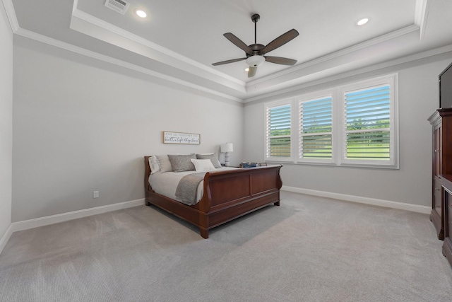 2121 Glenbrook St, Haslet, TX 76052 - carpeted bedroom featuring a tray ceiling, crown molding, baseboards, recessed lighting, and a ceiling fan