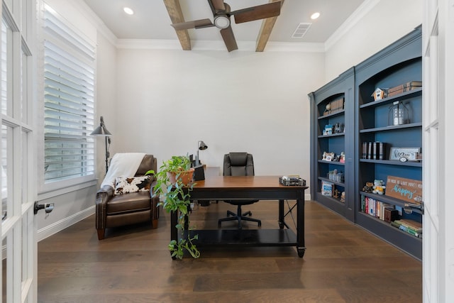 2121 Glenbrook St, Haslet, TX 76052 - office space featuring ceiling fan, dark wood-type flooring, crown molding, recessed lighting, and beam ceiling