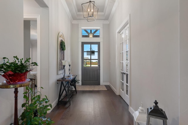 2121 Glenbrook St, Haslet, TX 76052 - foyer featuring a chandelier, baseboards, dark wood-style floors, ornamental molding, and french doors