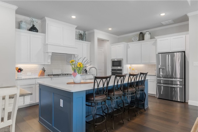 2121 Glenbrook St, Haslet, TX 76052 - kitchen with stainless steel appliances, tasteful backsplash, white cabinets, dark wood-style floors, and recessed lighting