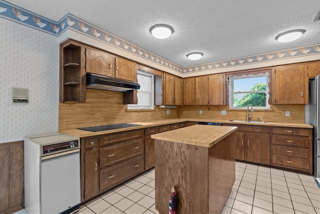 7725 Westwind Dr, Fort Worth, TX 76179 - kitchen with under cabinet range hood, a sink, a textured ceiling, black electric cooktop, and wallpapered walls